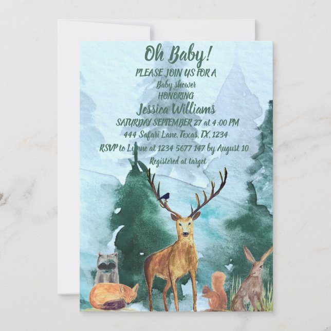 Invitation Jolie aquarelle Baby shower d'animaux de bois (Devant)