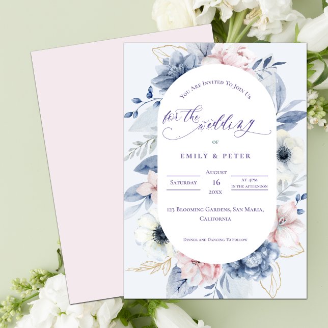 Invitation Jolie aquarelle bleu bleu foncé Mariage (Pretty Watercolor Dusty Blue Floral Wedding Invitation)