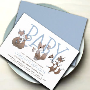 Invitation Jolie aquarelle Bois Renards Baby shower bleu