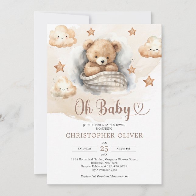 Invitation Jolie Aquarelle brun clair dortoir ours en peluche (Devant)