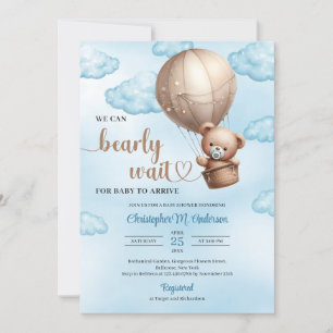Invitation Jolie aquarelle brun ours en peluche montgolfière