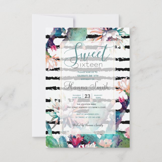 Invitation Jolie aquarelle Cactus Floral Black Stripes (Devant)