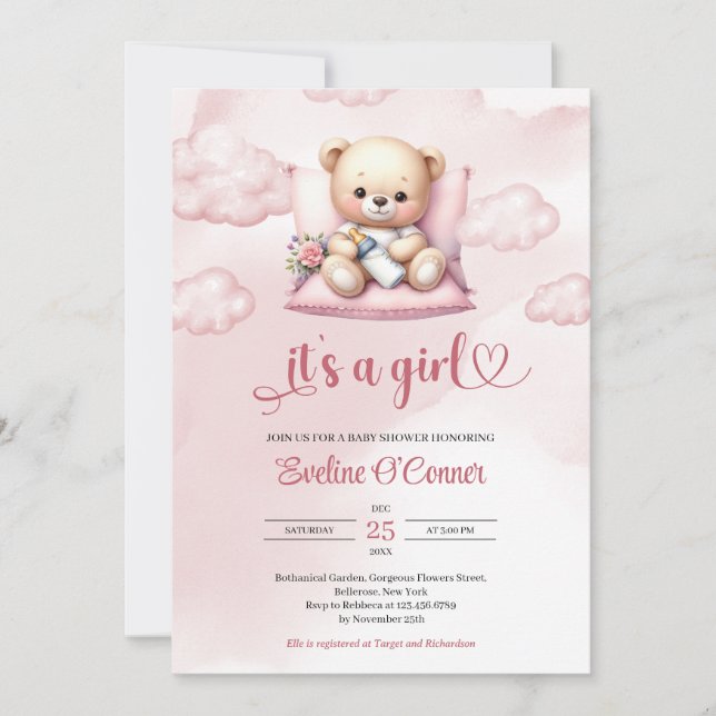 Invitation Jolie aquarelle couchage ours en peluche c'est une (Devant)
