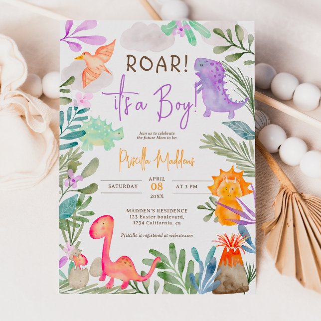 Invitation Jolie aquarelle dinosaures verdure garçon baby sho (Créateur téléchargé)