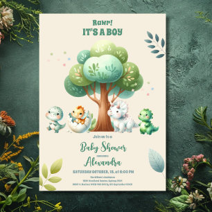 Invitation Jolie aquarelle dinosaures verdure garçon baby sho