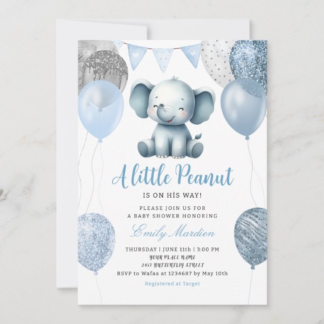 Invitation Jolie aquarelle Elephant Boy Balloons Baby shower (Devant)