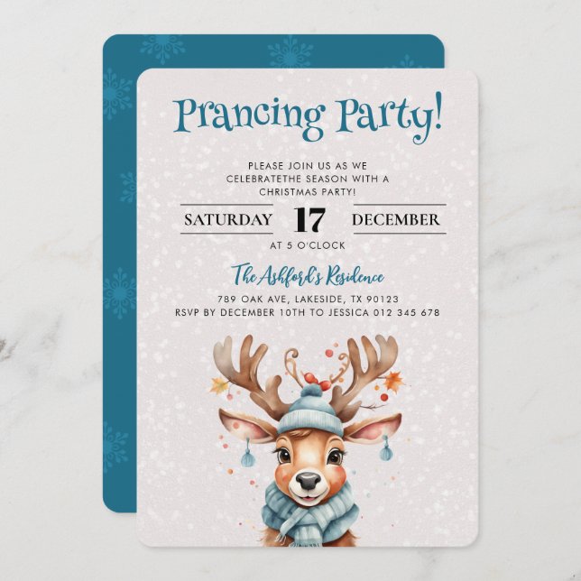 Invitation Jolie Aquarelle Reindeer Noël Fête (Devant / Derrière)
