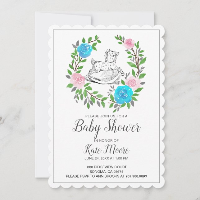 Invitation Jolie aquarelle Rocse Baby shower (Devant)