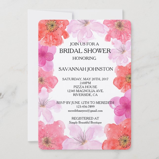 Invitation Jolie aquarelle rose Floral douche nuptiale (Devant)