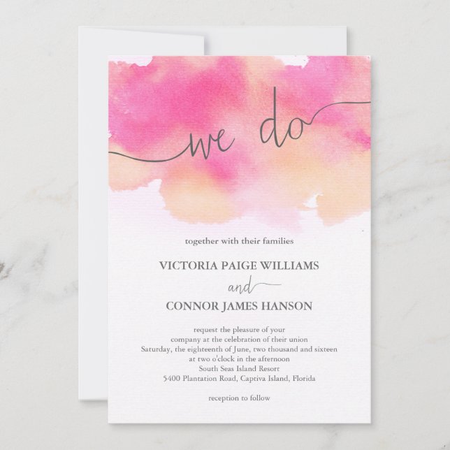 Invitation Jolie aquarelle rose rose Mariage (Devant)