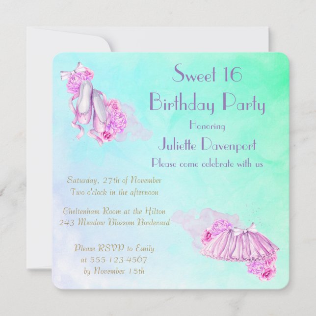 Invitation Jolie Aquarelle Rose Thème Ballet Anniversaire (Devant)