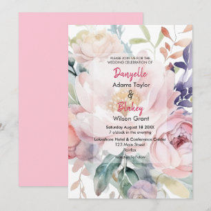 Invitation Jolie aquarelle rose violet Mariage floral