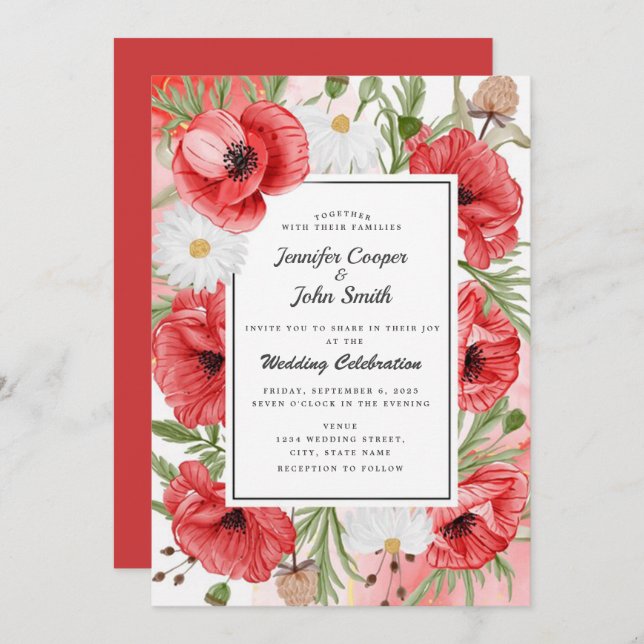 Invitation Jolie aquarelle Rouge Mariage floral (Devant / Derrière)