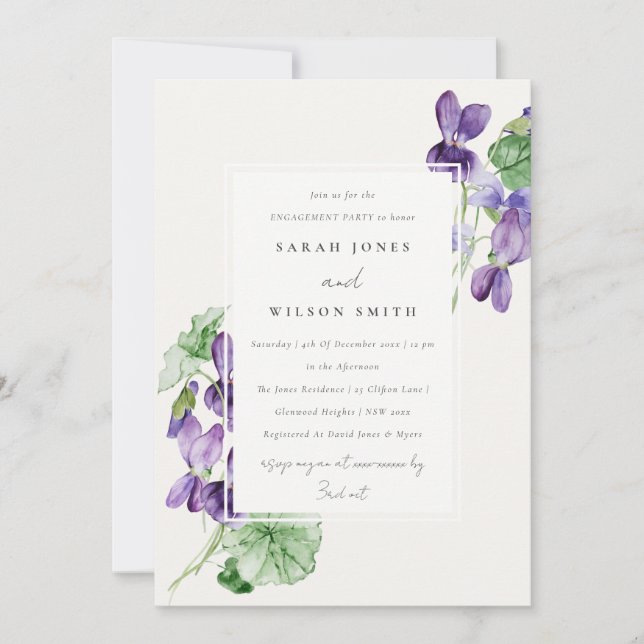 Invitation Jolie aquarelle Violet Floral Bunal Fiançailles (Devant)