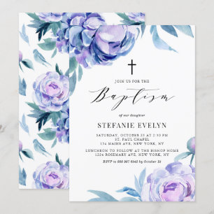 Invitation Jolie aquarelle Violet Peony Flowers Baptême