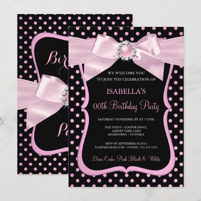 Invitation Jolie Arc de Perle Rose Noir Anniversaire à pois (Devant / Derrière)
