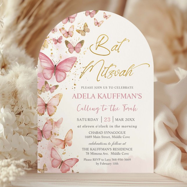 Invitation Jolie Arche de Bat Mitzvah Papillons Roses 13e Ann (Créateur téléchargé)