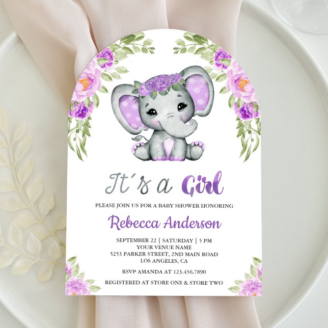 Invitation Jolie Arche de bébé éléphant floral violet Baby Sh (Créateur téléchargé)