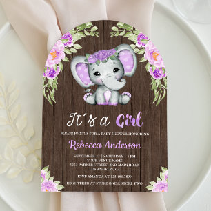 Invitation Jolie Arche de fleurs violettes éléphant en bois p