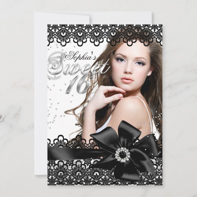 Invitation jolie argent et noir pour Sweet 16 (Devant)