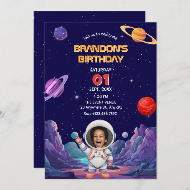 Invitation Jolie astronaute photo spatiale anniversaire (Devant / Derrière)