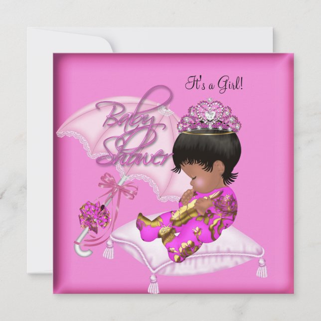 Invitation Jolie Baby Shower Afro-Américaine Rose Or (Devant)