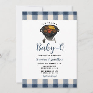 Invitation Jolie Baby Shower BBQ Jardin Grillé Gingham Bleu