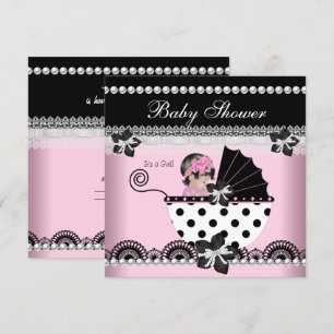 Invitation Jolie Baby Shower Bébé Fille Rose Perle Noire