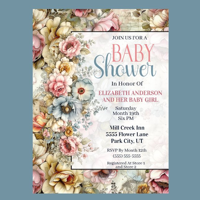 Invitation Jolie Baby Shower Collage Floral (Vintage floral baby shower invitation with watercolor flowers and romantic botanical design
)