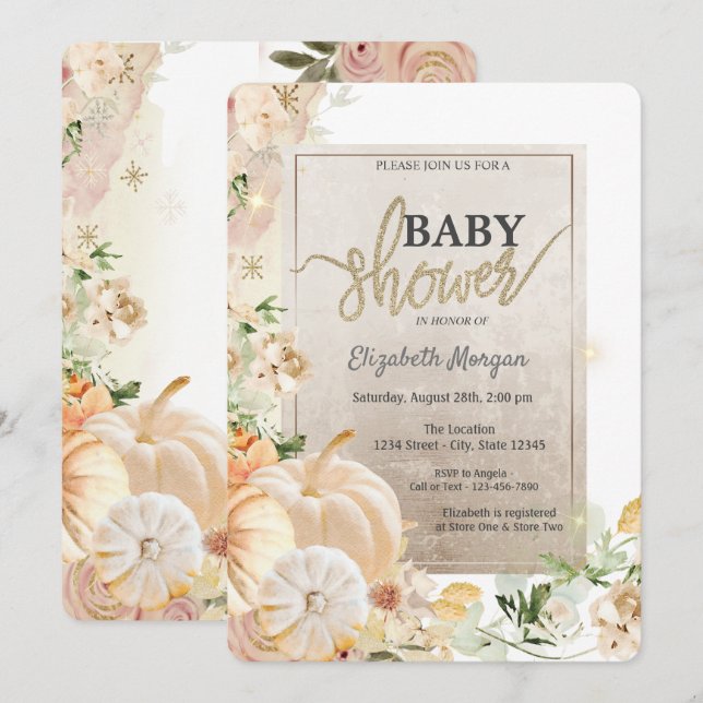 Invitation Jolie Baby Shower d'Automne Citrouilles Fleurs (Devant / Derrière)