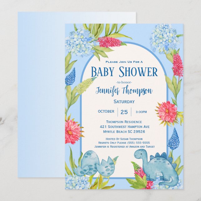 Invitation Jolie Baby Shower Dino Maman Œuf Floral Mignon (Devant / Derrière)