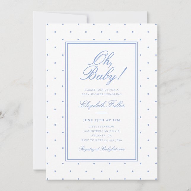 Invitation Jolie Baby Shower Simple aux Points Bleus (Devant)