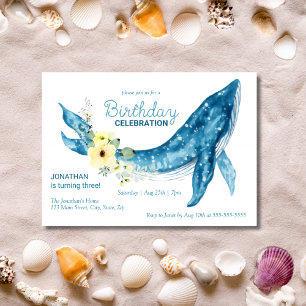 Invitation Jolie Baleine Bleue Jaune Fleur fête d'anniversair