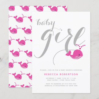 Invitation Jolie baleine rose typographie bébé fille douche