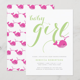 Invitation Jolie baleine vert typographie bébé fille douche