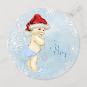 Invitation Jolie Bébé au Chapeau de Père Noël Bleu Flocon de