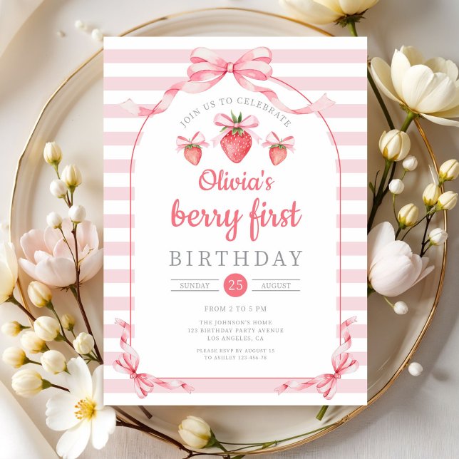 Invitation Jolie Bébé aux Fruits 1er Anniversaire (Cute Berry First Girl 1st Birthday Invitation)