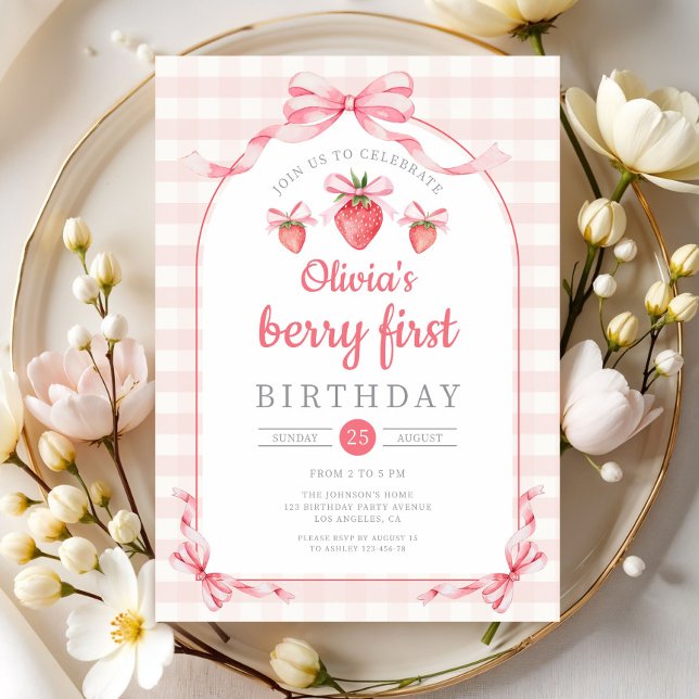Invitation Jolie Bébé aux Fruits 1er Anniversaire (Cute Berry First Girl 1st Birthday Invitation)