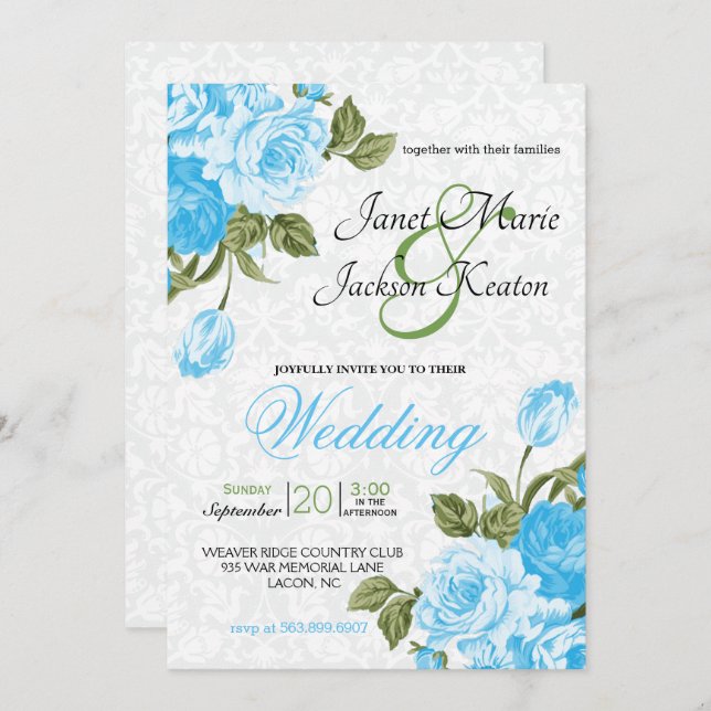 Invitation Jolie Bébé Bleu Fleurs de Mariage (Devant / Derrière)
