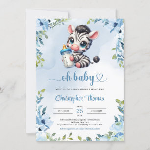Invitation Jolie bébé zèbre aquarelle bleu vert fleuri