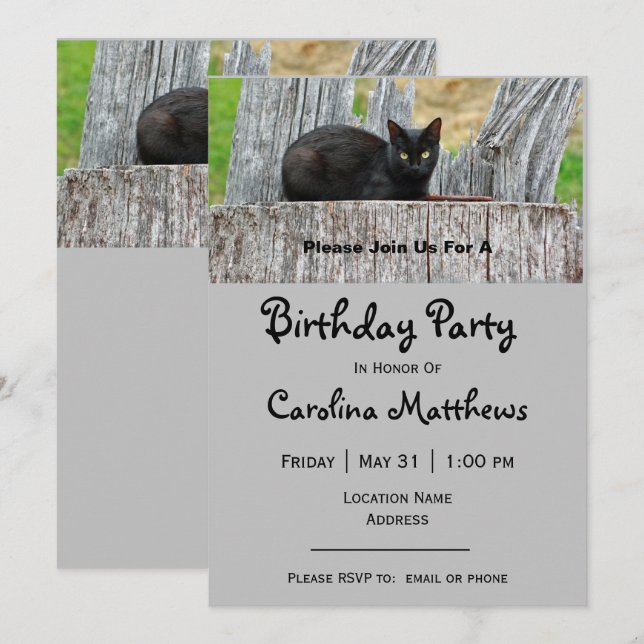 Invitation Jolie Black Cat Log Photo Anniversaire (Devant / Derrière)