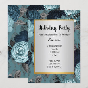 INVITATION JOLIE BLEU FLORAL ARGENT OR ANNIVERSAIRE