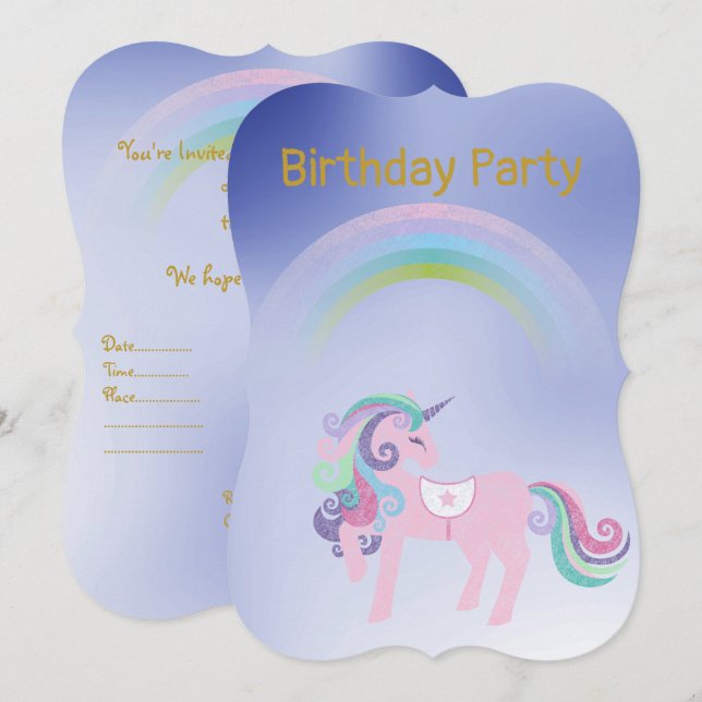 Invitation Jolie Blue Rainbow Unicorn anniversaire Or (Devant / Derrière)