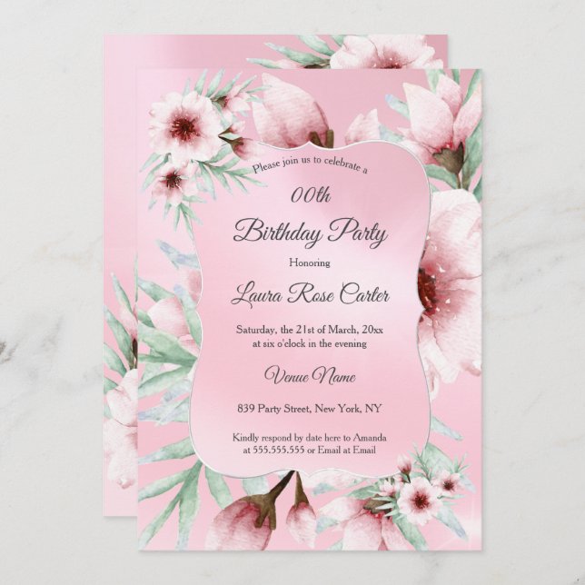 Invitation Jolie Blush rose floral Argent fête d'anniversaire (Devant / Derrière)