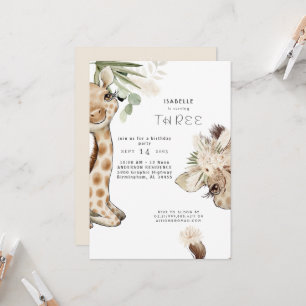 Invitation Jolie Boho Bébé Girafe Pampas Fête d'Anniversaire