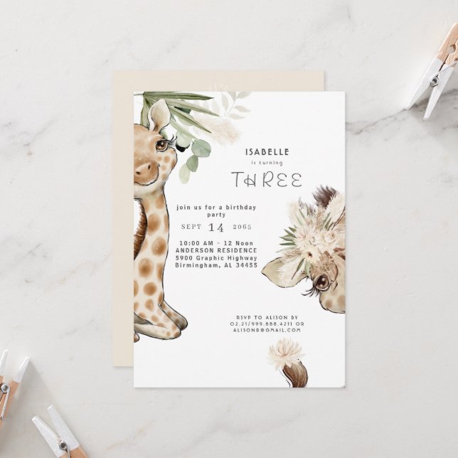 Invitation Jolie Boho Bébé Girafe Pampas Fête d'Anniversaire  (Devant/Arrière en situation)