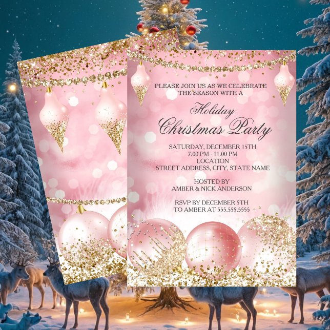 Invitation Jolie boule dorée rose Fête de Noël (Créateur téléchargé)