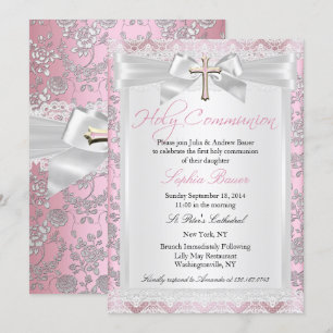 Invitation Jolie Bow Croix première communion rose