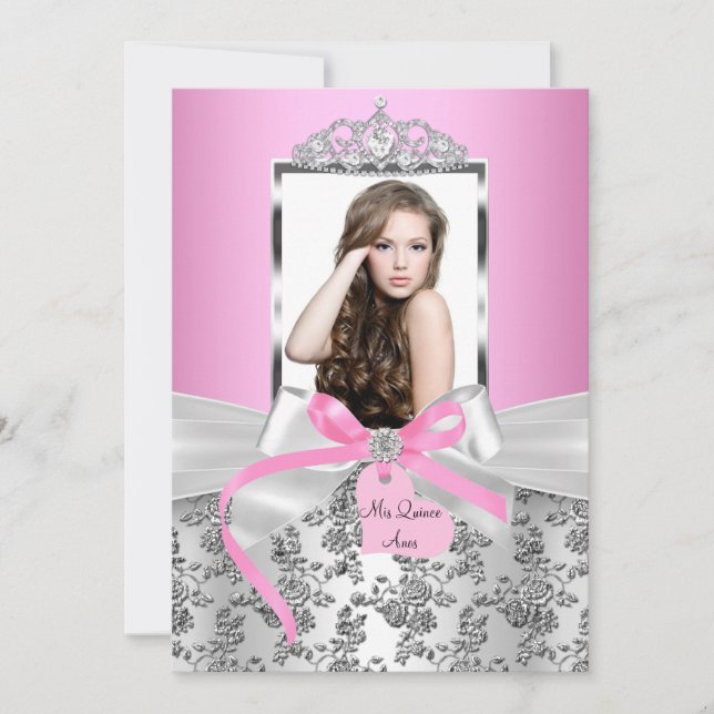 Invitation Jolie Bow en argent rose et photo Rose Quinceanera (Devant)