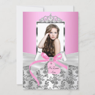 Invitation Jolie Bow en argent rose et photo Rose Quinceanera